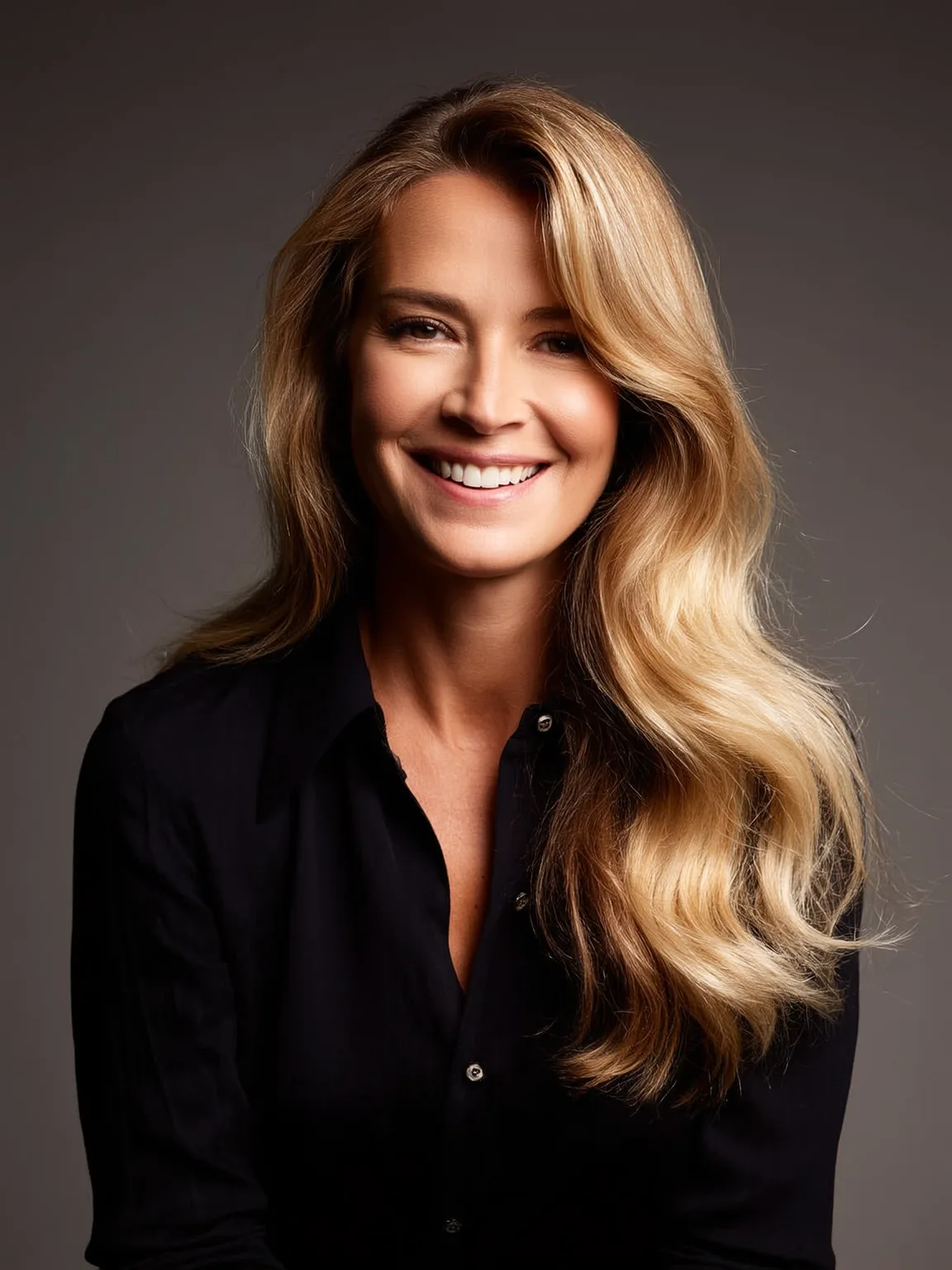 Warm Caramel Blonde Voluminous Long Layers with Side-Swept Bangs